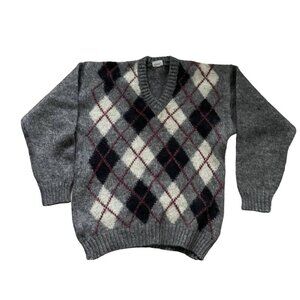 London Paris New York Knit Sweater Women's Gray Argyle Winter 90s Classic